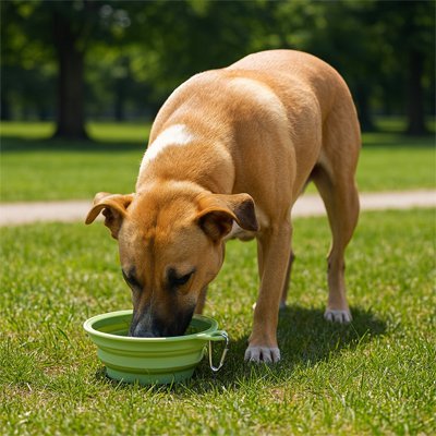 Boxer buvant dans une gamelle pour chien pliable en silicone verte