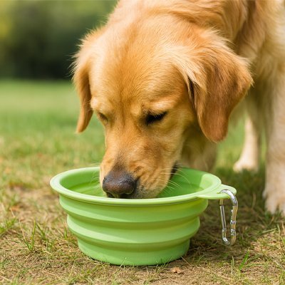 golden retriever boit dans une gamelle pour chien pliable vert