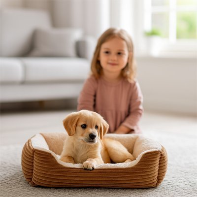 Fillette derrière chien dans Coussin Chien brun - Orthopédique Premium - Gamelle et Cie pour Chien