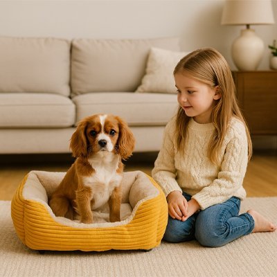 Fillette avec chien dans Coussin Chien jaune - Orthopédique Premium - Gamelle et Cie pour Chien