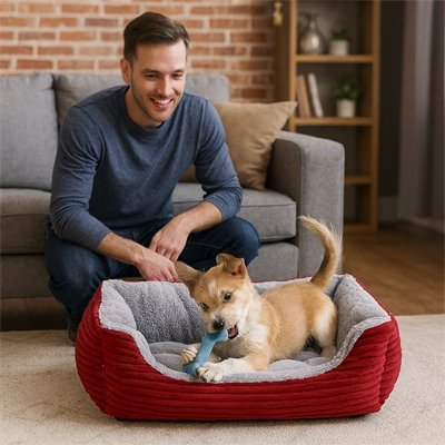 Petit chien joue dans Coussin Chien rouge - Orthopédique Premium - Gamelle et Cie pour Chien