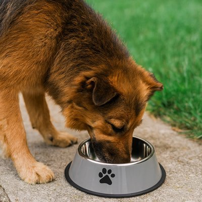 Chien en train de manger dans une Gamelle Chien Anti-dérapante Inox grise.