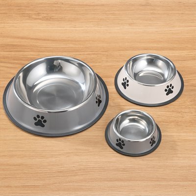 Trois Gamelle Chien Anti-dérapante Inox en couleur grise et blanche.