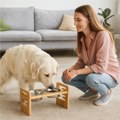 Propriétaire en train de nourrir chien dans Gamelle chien surélevée Bambou Digest.