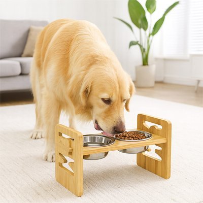Chien en train de manger dans Gamelle chien surélevée Bambou double bols inox.