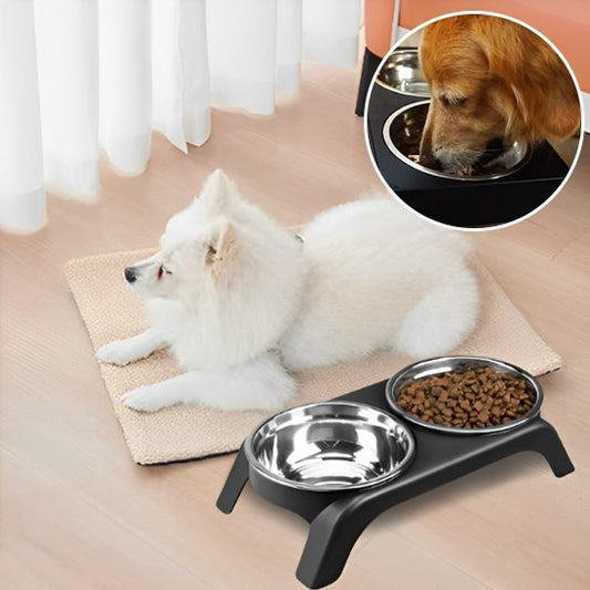 Chien couché sur tapis à côté de sa gamelle chien Surélevée Double Inox noir.