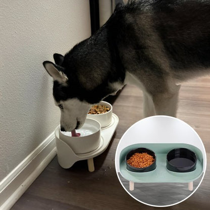 Chien en train de boire dans Gamelle chien surélevée VétéConfort double couleur blanche.