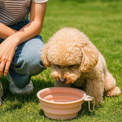 caniche buvant dans une gamelle pour chien en silicone