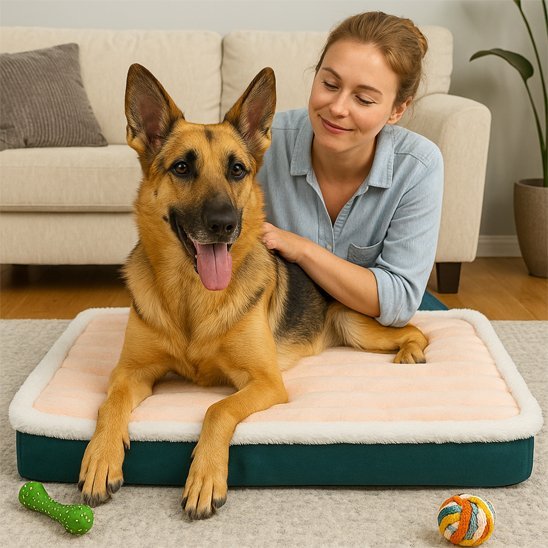 Chien et maître sur lit pour chien en rose - Comfort Plus - Gamelle et Cie pour chien