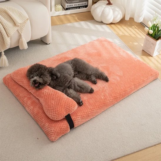 Chien couché dans lit pour chien rose- Ergonomique - Gamelle et Cie pour chien