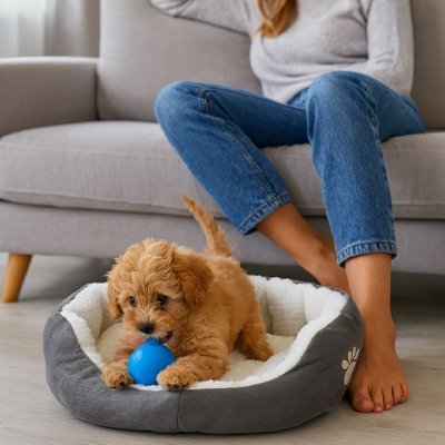 Maitre et son qui joue dans Panier pour chien gris - Cozy Design - Gamelle et Cie pour Chien