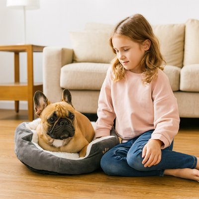 Fillette et chien couché dans Panier pour chien gris- Cozy Design - Gamelle et Cie pour Chien