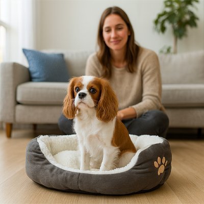 Femme et son chien dans Panier pour chien gris - Cozy Design - Gamelle et Cie pour Chien