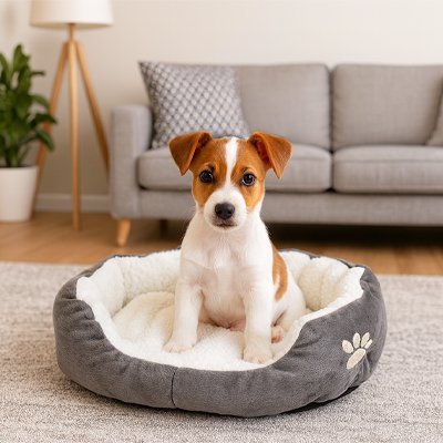Chien assis dans Panier pour chien gris - Cozy Design - Gamelle et Cie pour Chien