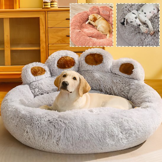 Chien couché dans panier pour chien design rond gris clair- Ultra - Confort - Gamelle et Cie pour Chien